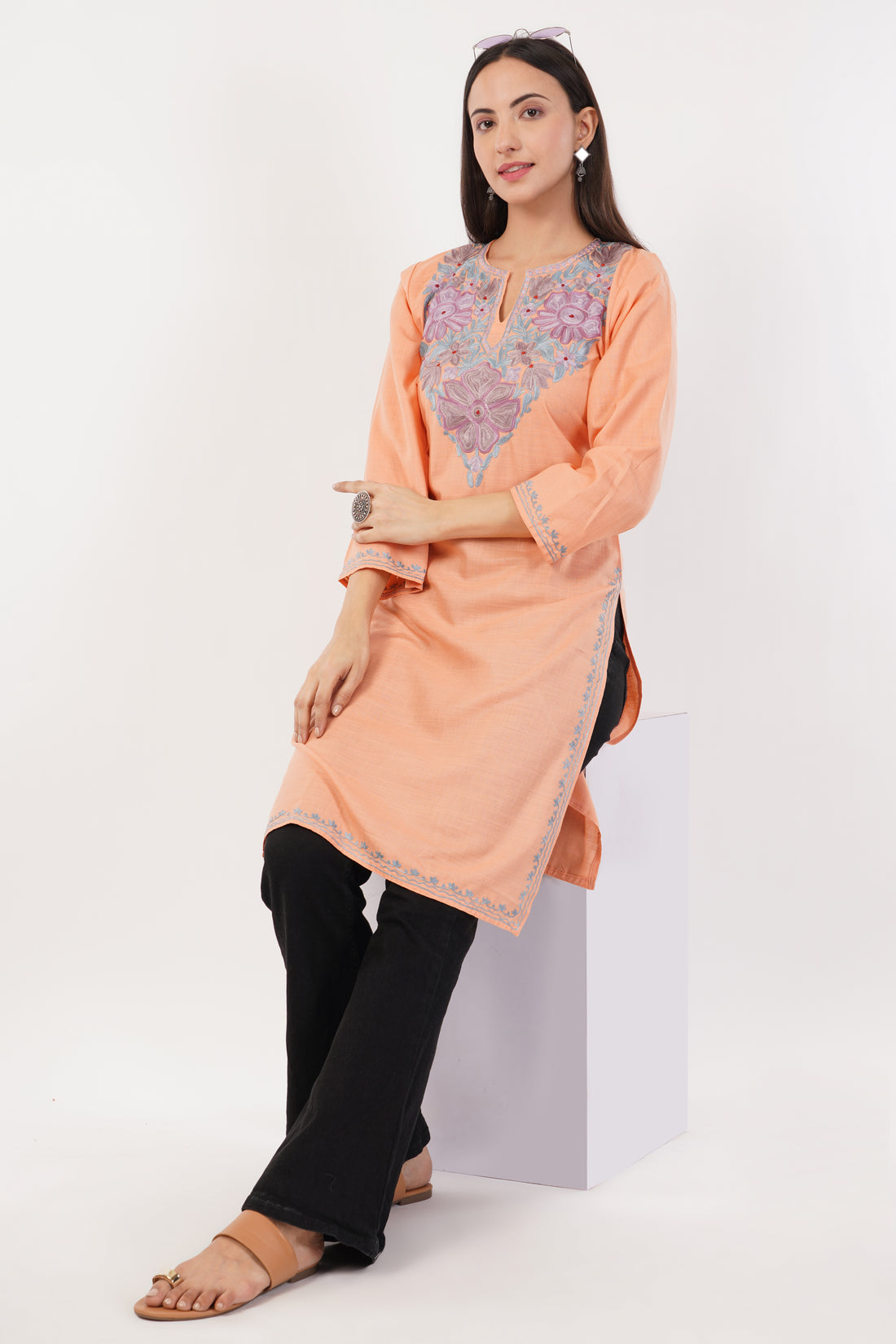 Kashmiri Aari embroidery Cotton Long Kurti Size-36 (Peach)
