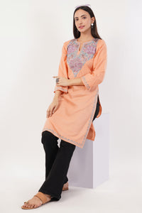 Kashmiri Aari embroidery Cotton Long Kurti Size-36 (Peach)
