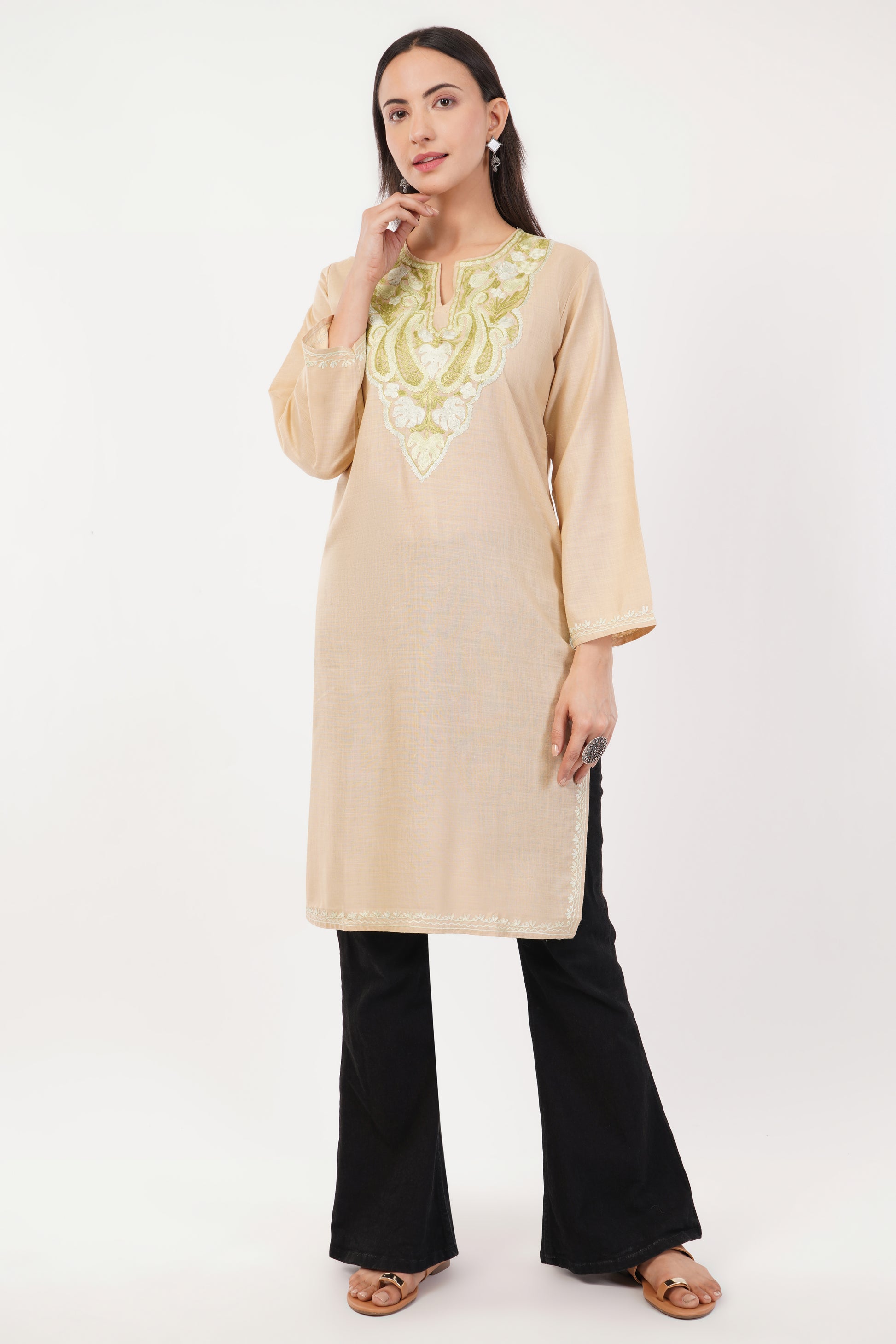 Kashmiri Aari embroidery Cotton Long Kurti Size-36 (Beige)