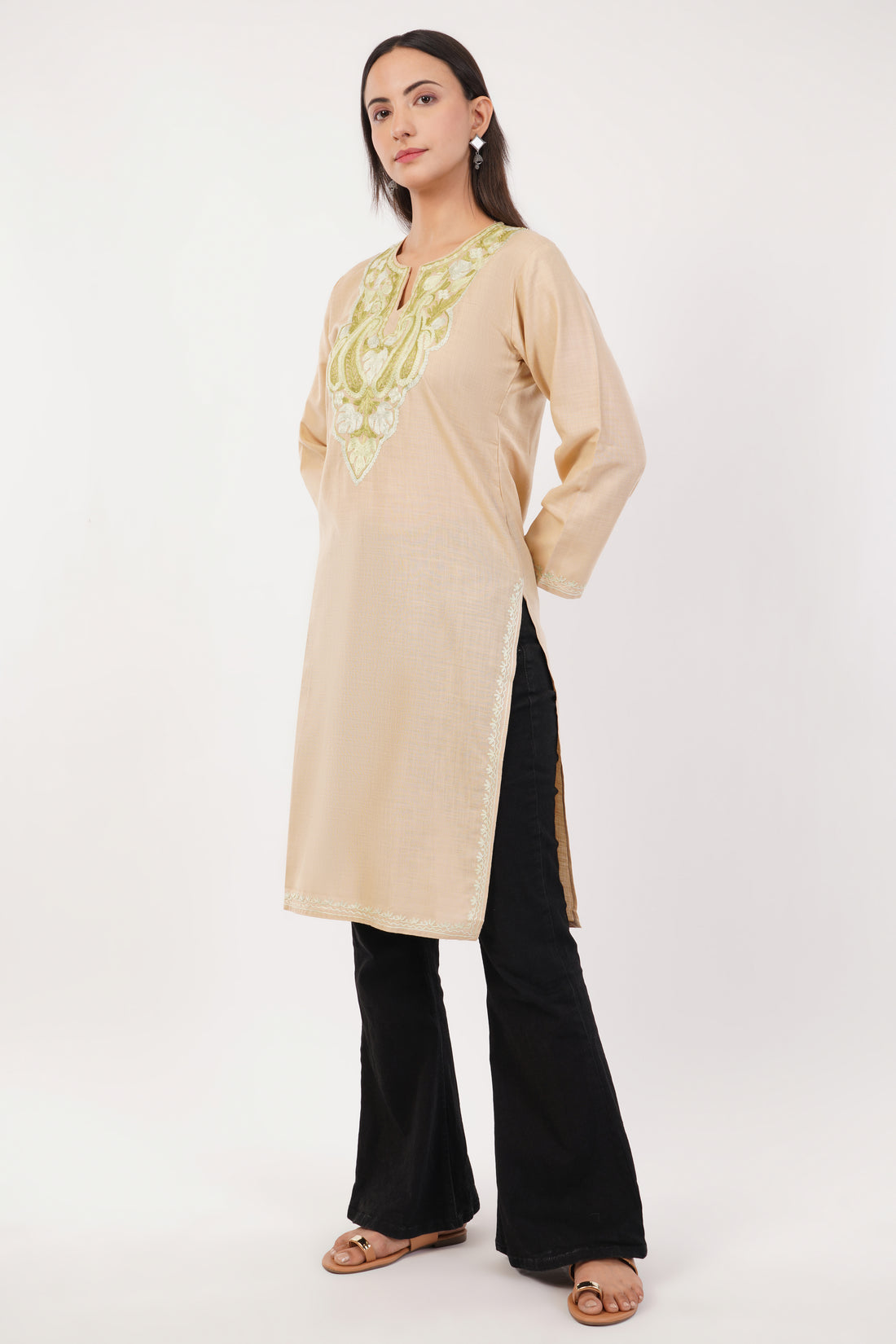 Kashmiri Aari embroidery Cotton Long Kurti Size-36 (Beige)