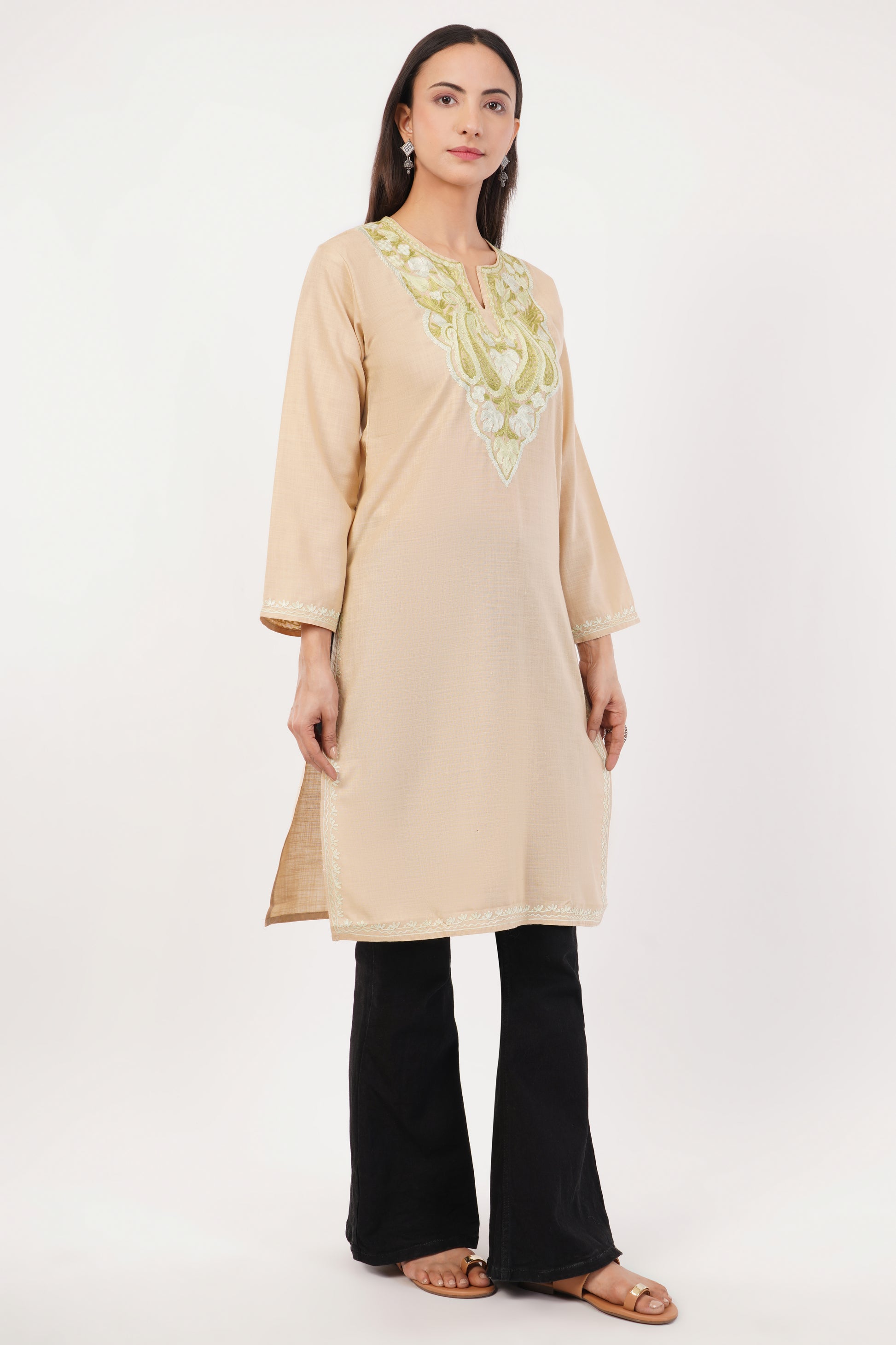 Kashmiri Aari embroidery Cotton Long Kurti Size-36 (Beige)