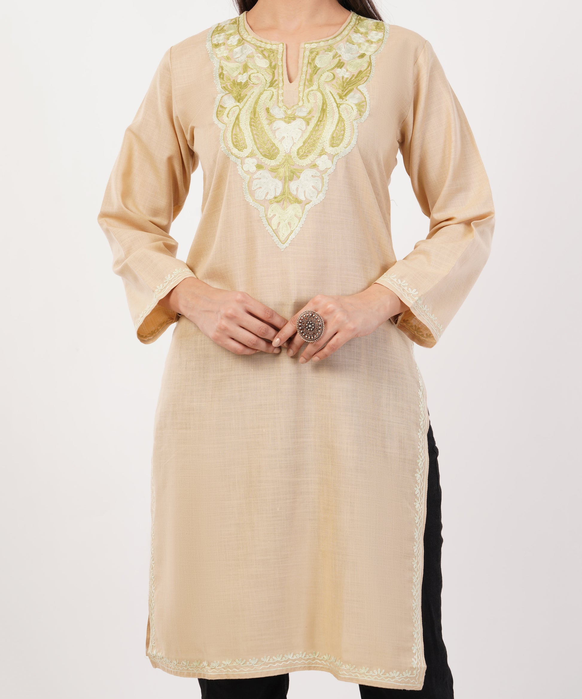 Kashmiri Aari embroidery Cotton Long Kurti Size-36 (Beige)