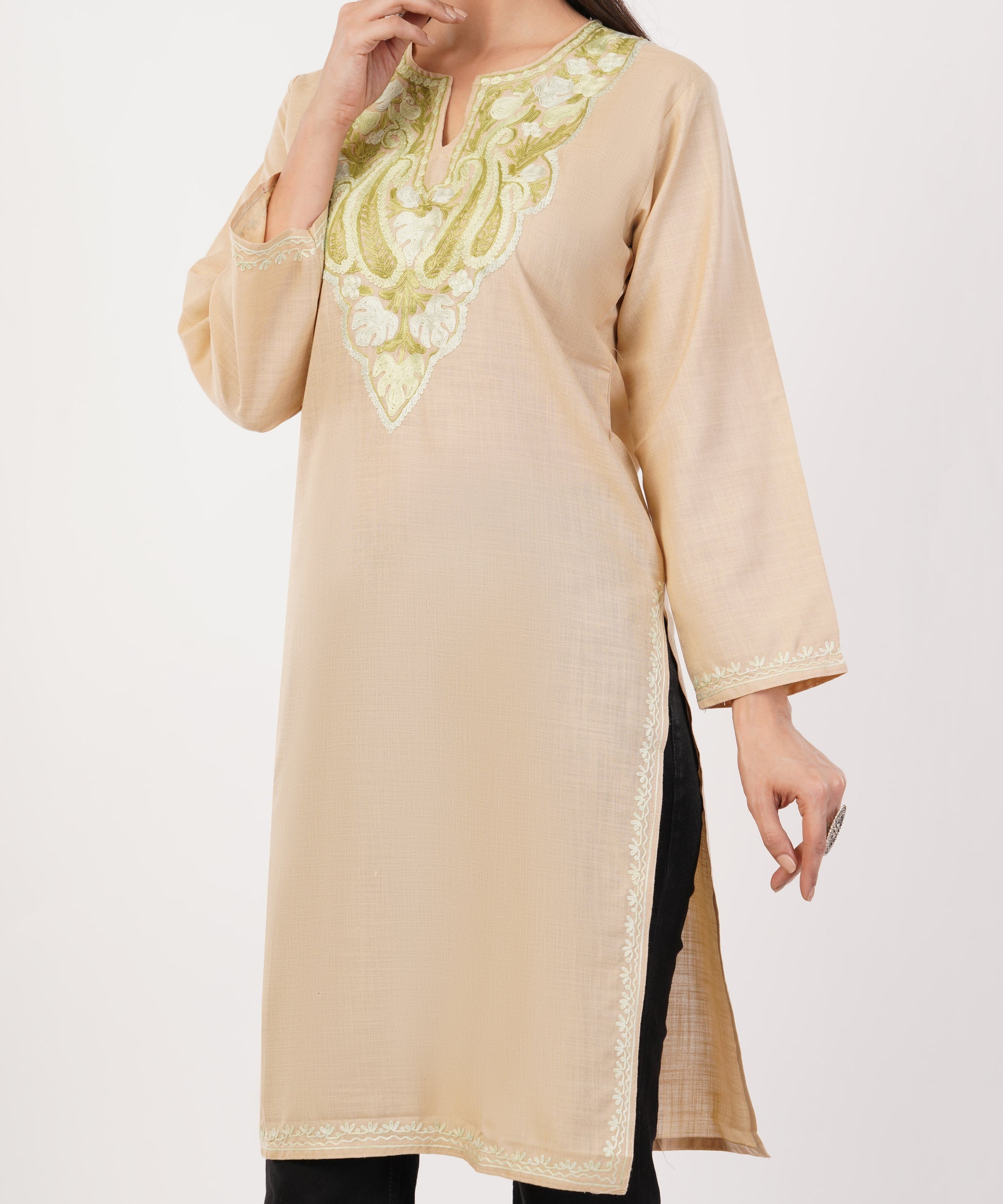 Kashmiri Aari embroidery Cotton Long Kurti Size-36 (Beige)