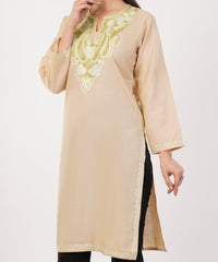 Kashmiri Aari embroidery Cotton Long Kurti Size-36 (Beige)