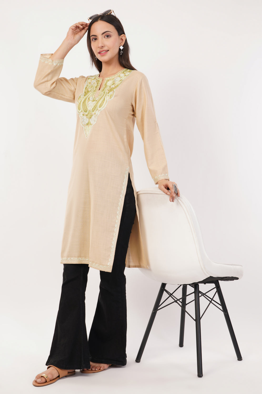 Kashmiri Aari embroidery Cotton Long Kurti Size-36 (Beige)