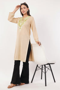 Kashmiri Aari embroidery Cotton Long Kurti Size-36 (Beige)