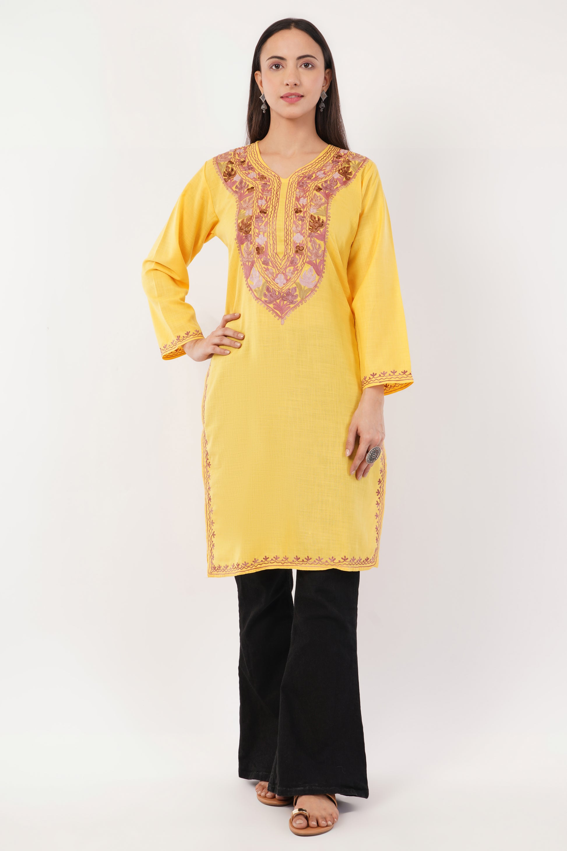 Kashmiri Aari embroidery Cotton Long Kurti Size-36 (Yellow)