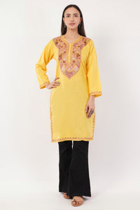 Kashmiri Aari embroidery Cotton Long Kurti Size-36 (Yellow)