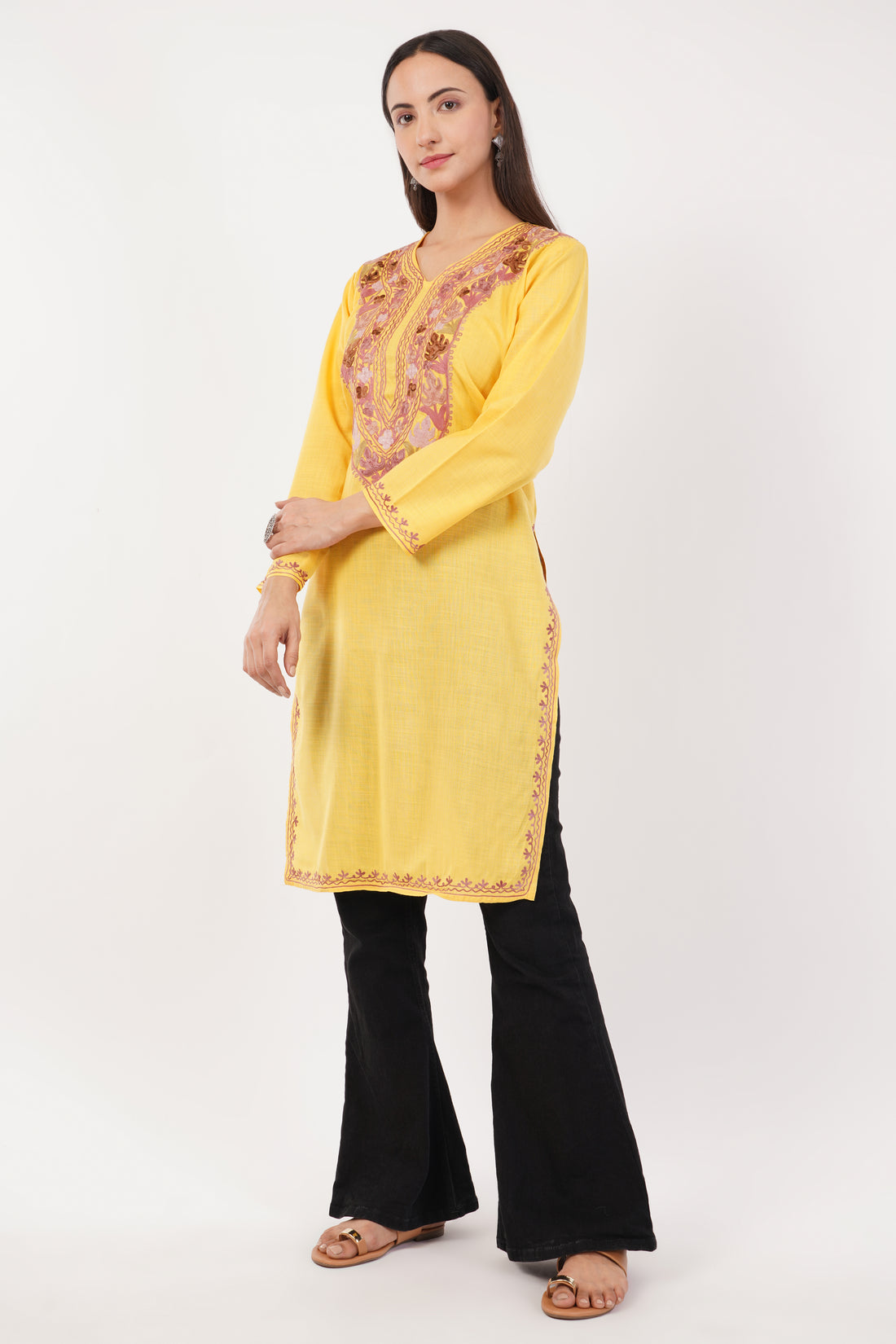 Kashmiri Aari embroidery Cotton Long Kurti Size-36 (Yellow)