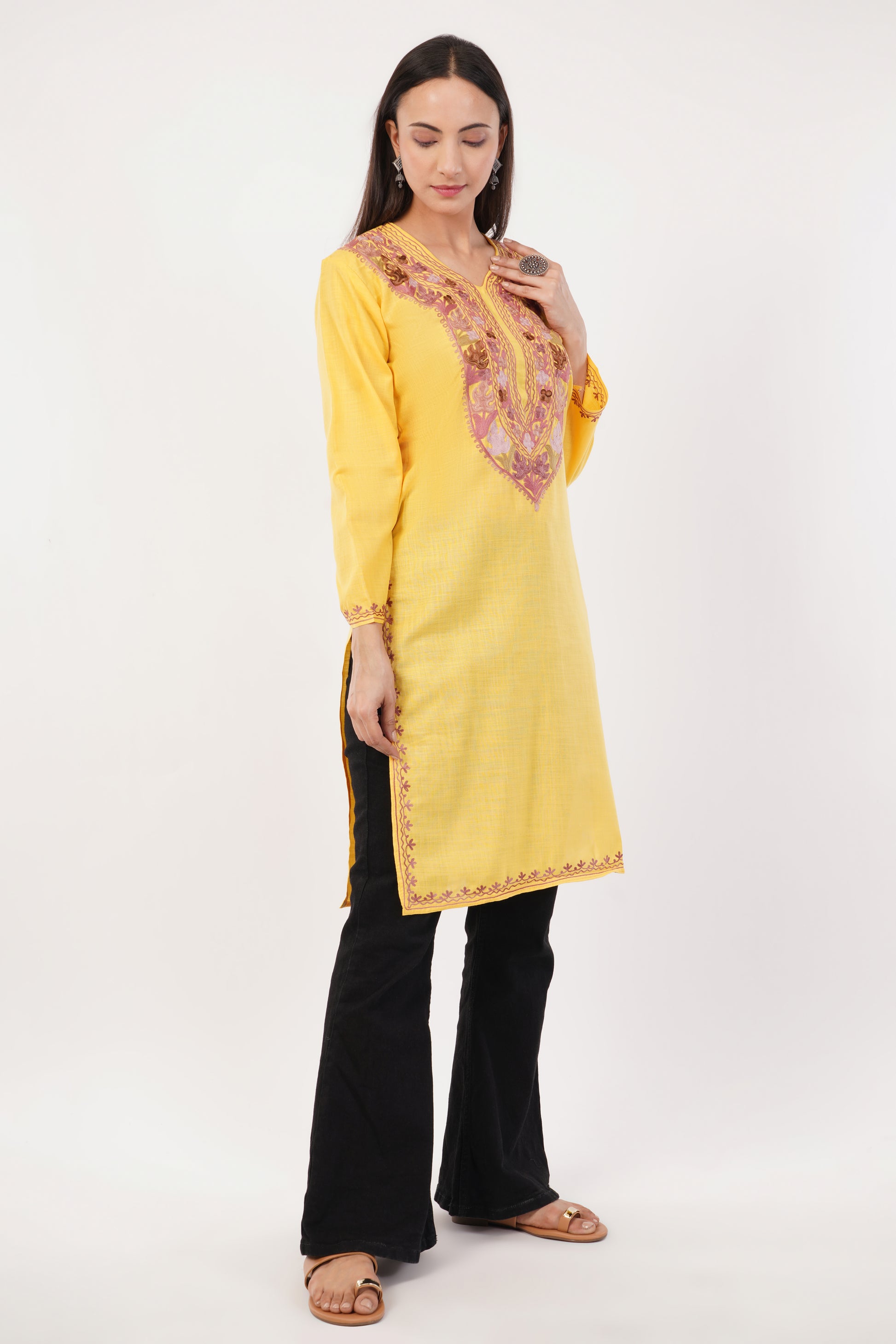 Kashmiri Aari embroidery Cotton Long Kurti Size-36 (Yellow)