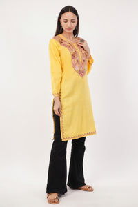 Kashmiri Aari embroidery Cotton Long Kurti Size-36 (Yellow)