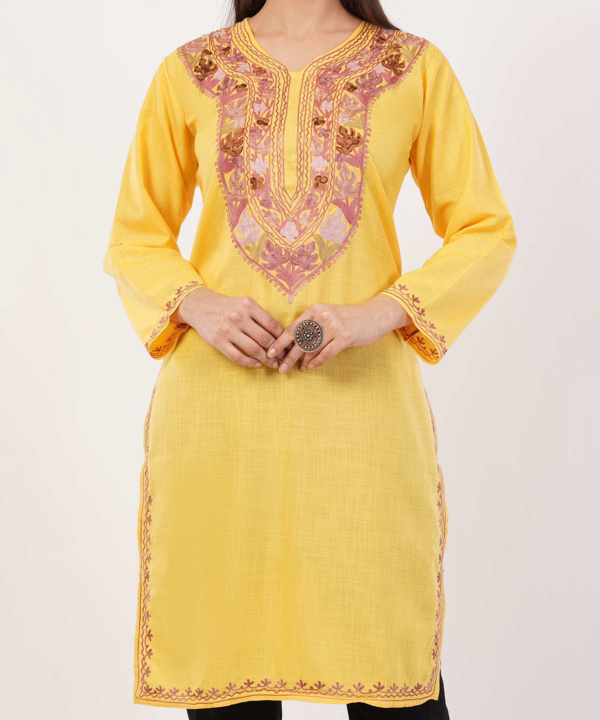 Kashmiri Aari embroidery Cotton Long Kurti Size-36 (Yellow)