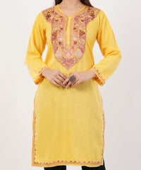 Kashmiri Aari embroidery Cotton Long Kurti Size-36 (Yellow)