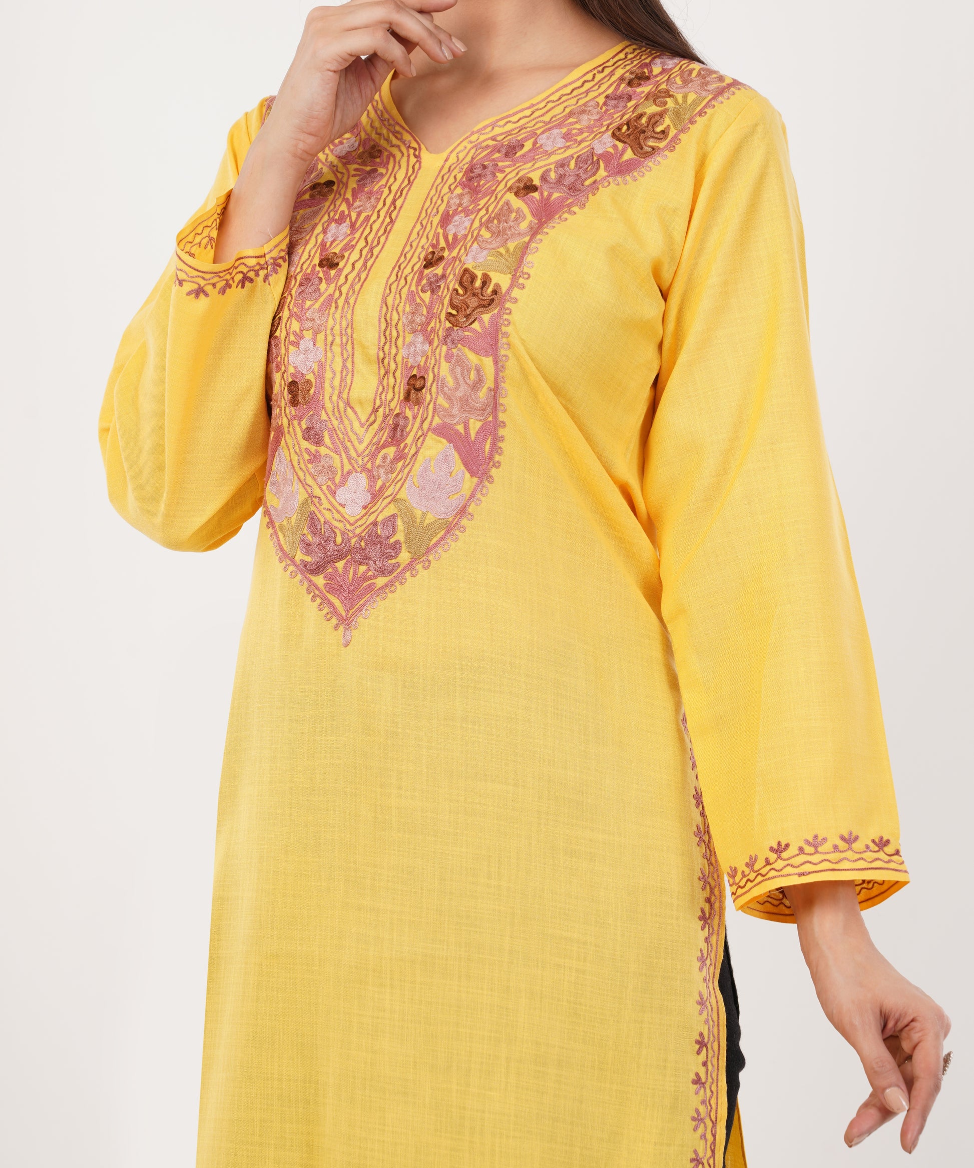 Kashmiri Aari embroidery Cotton Long Kurti Size-36 (Yellow)