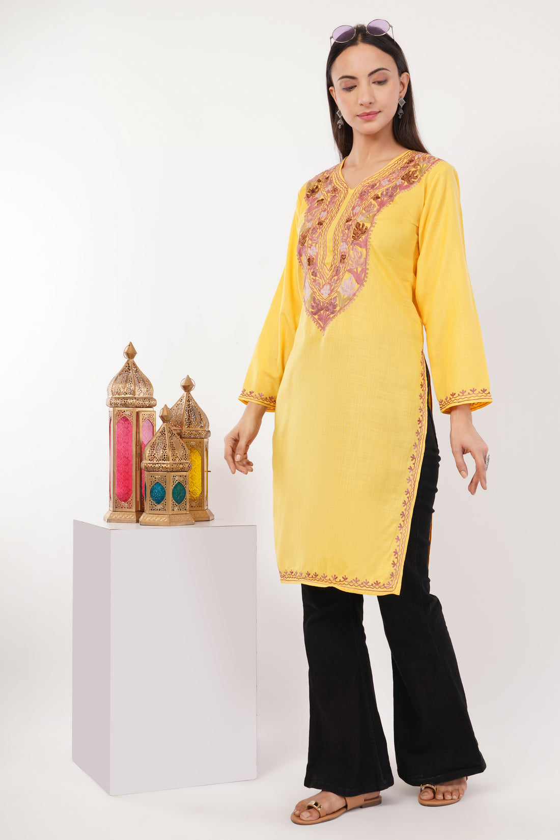Kashmiri Aari embroidery Cotton Long Kurti Size-36 (Yellow)