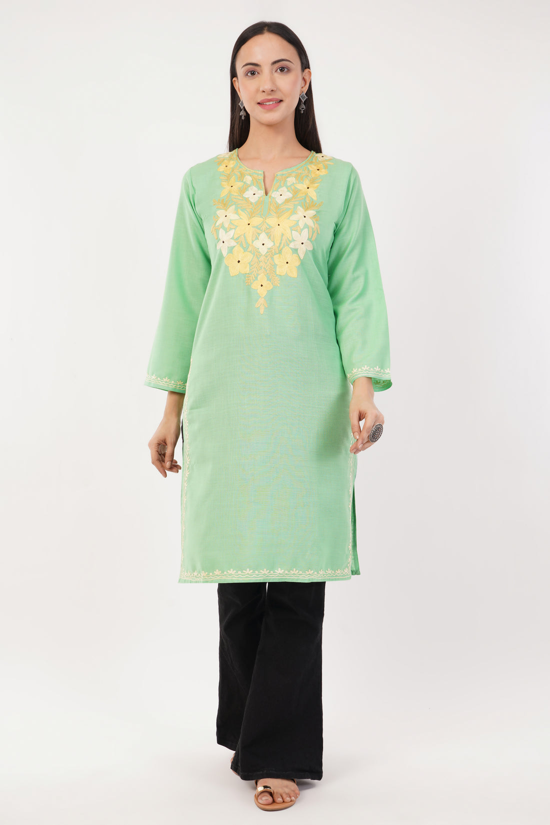 Kashmiri Aari embroidery Cotton Long Kurti Size-36 (Green)