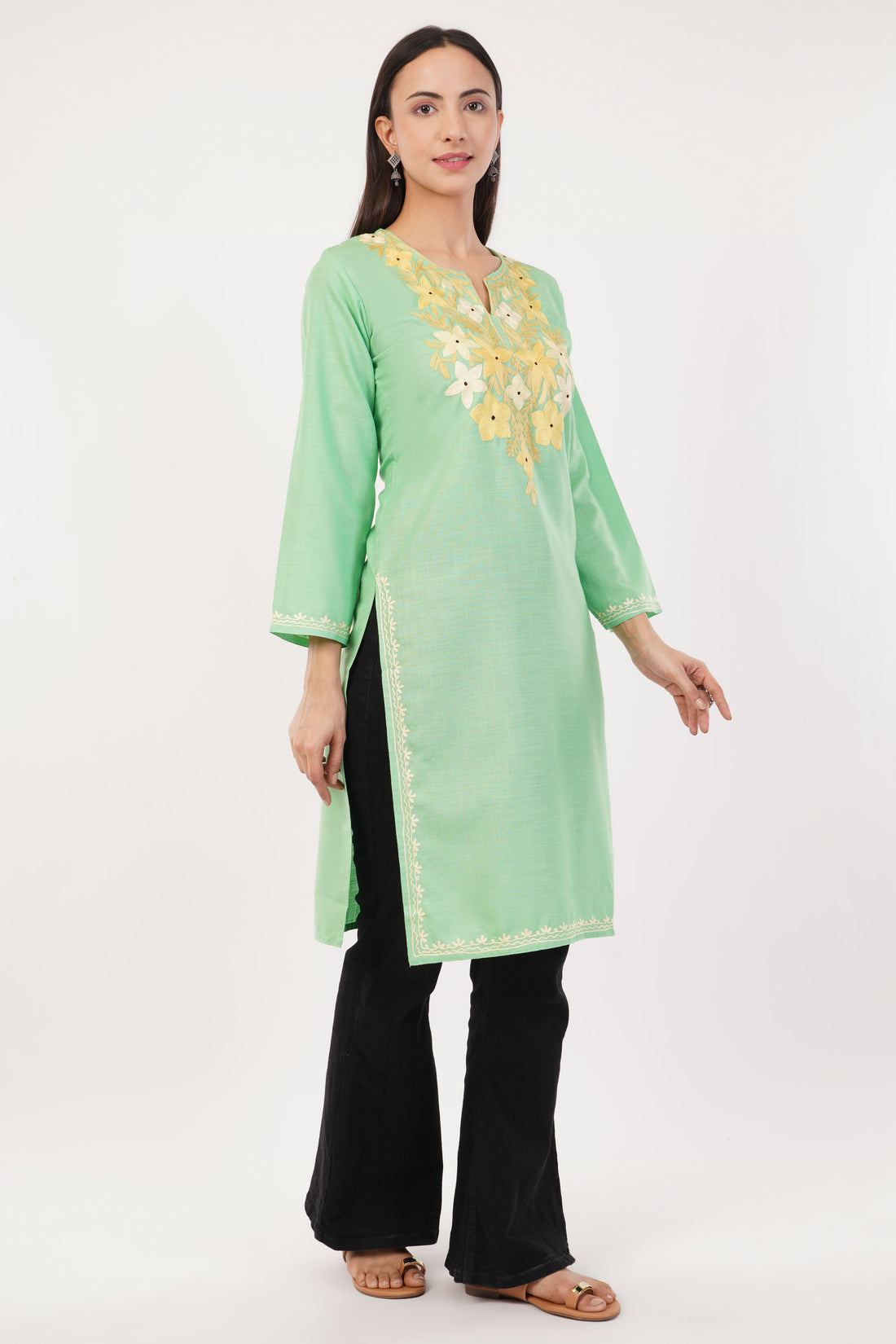 Kashmiri Aari embroidery Cotton Long Kurti Size-36 (Green)