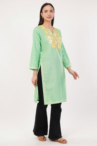 Kashmiri Aari embroidery Cotton Long Kurti Size-36 (Green)
