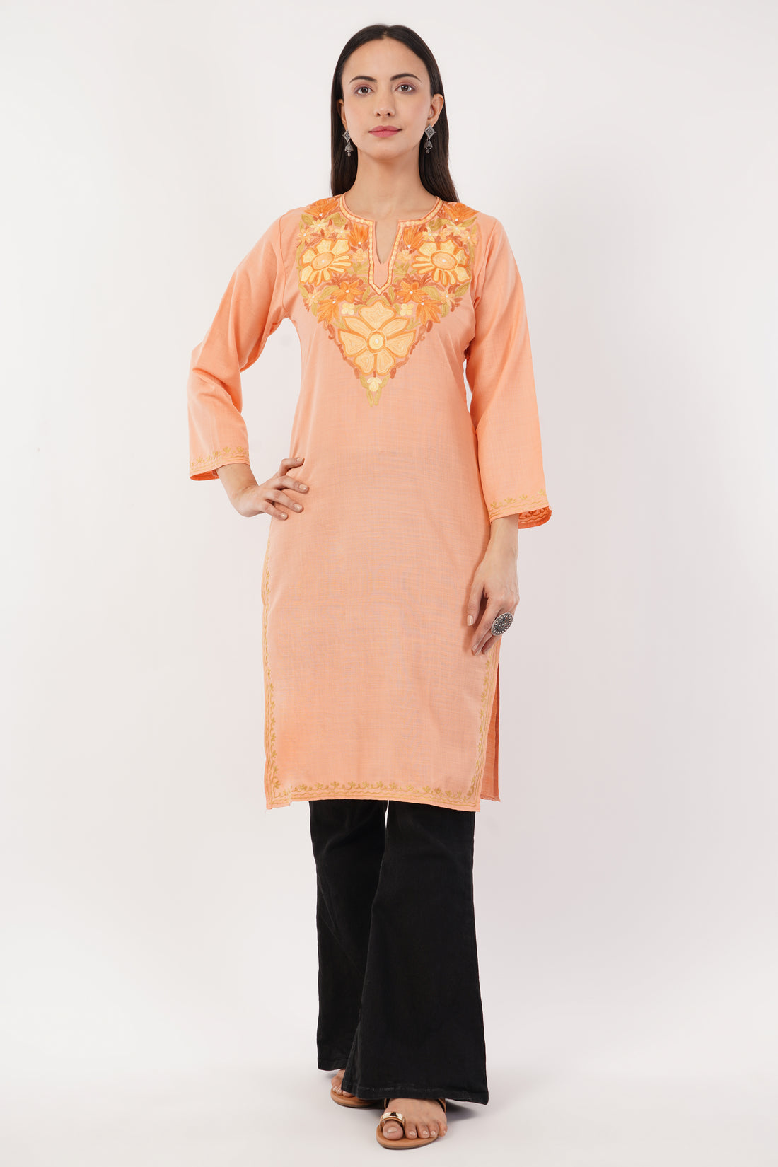 Kashmiri Aari embroidery Cotton Long Kurti Size-38 (Peach)