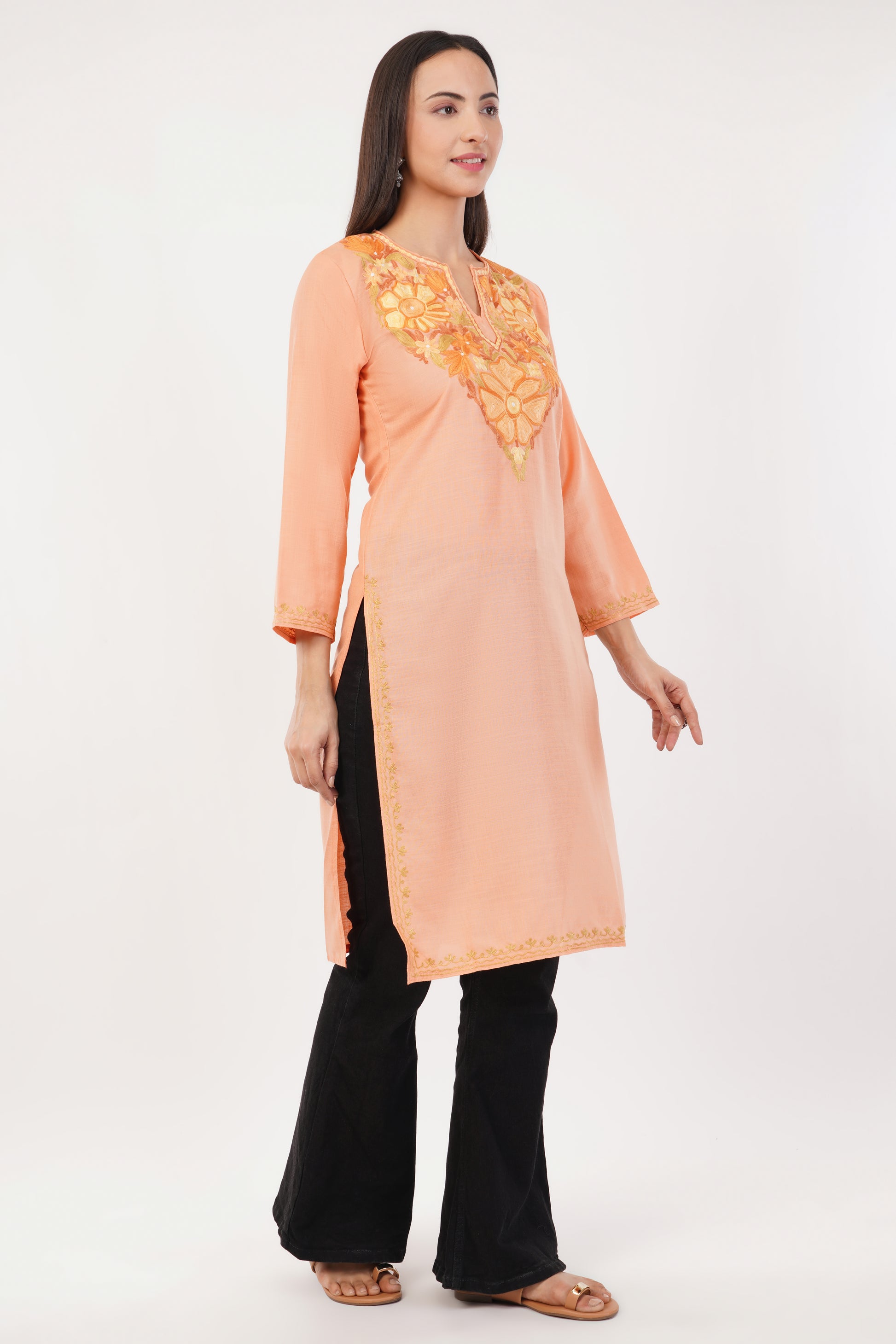 Kashmiri Aari embroidery Cotton Long Kurti Size-38 (Peach)
