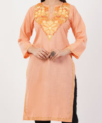 Kashmiri Aari embroidery Cotton Long Kurti Size-38 (Peach)