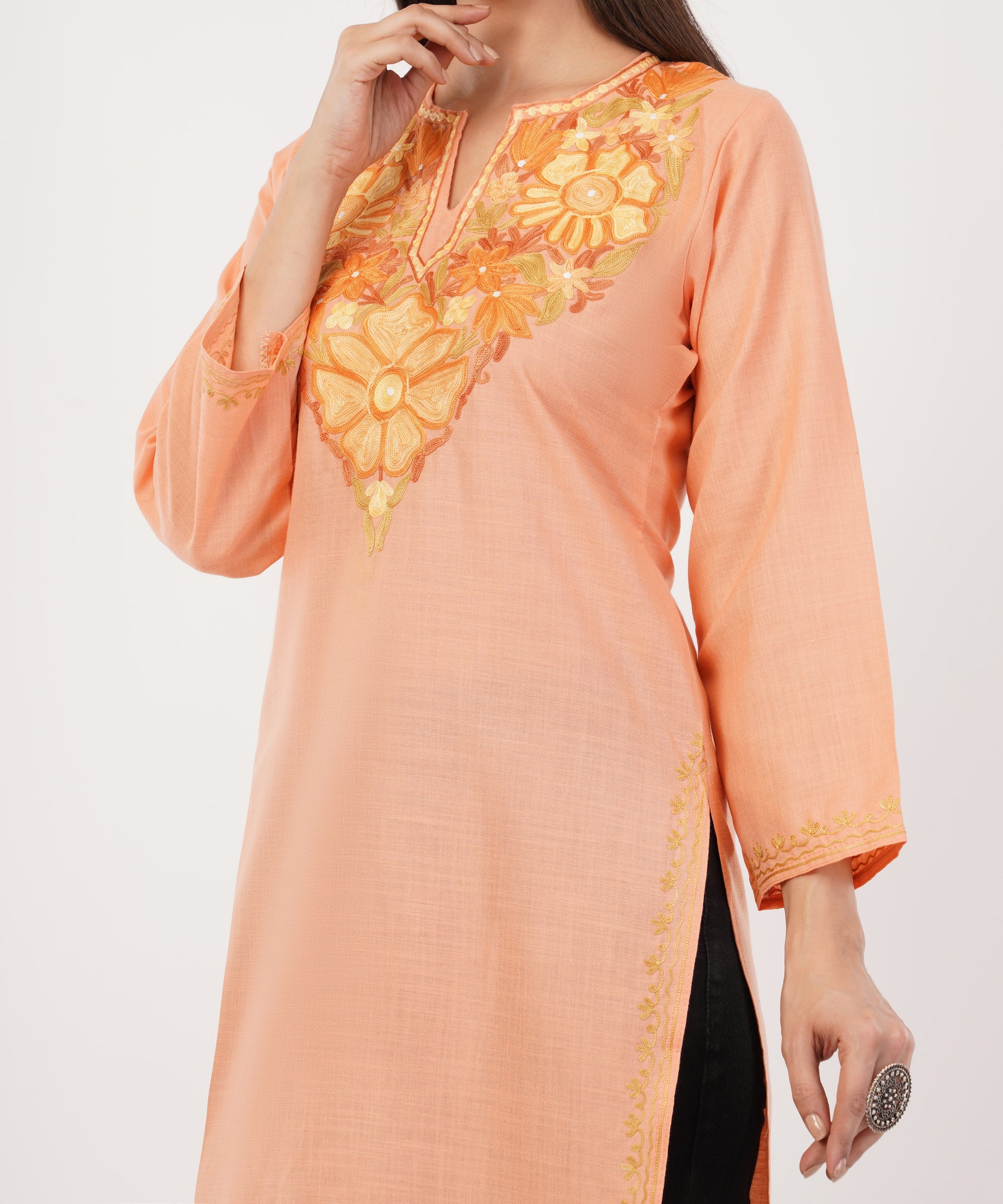 Kashmiri Aari embroidery Cotton Long Kurti Size-38 (Peach)