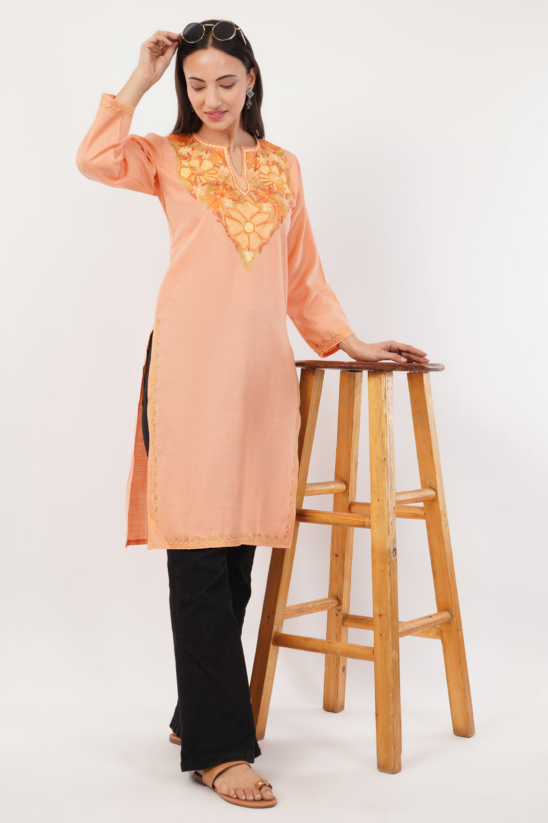 Kashmiri Aari embroidery Cotton Long Kurti Size-38 (Peach)