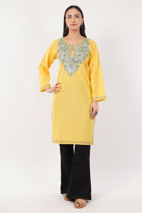 Kashmiri Aari embroidery Cotton Long Kurti Size-36 (Yellow)