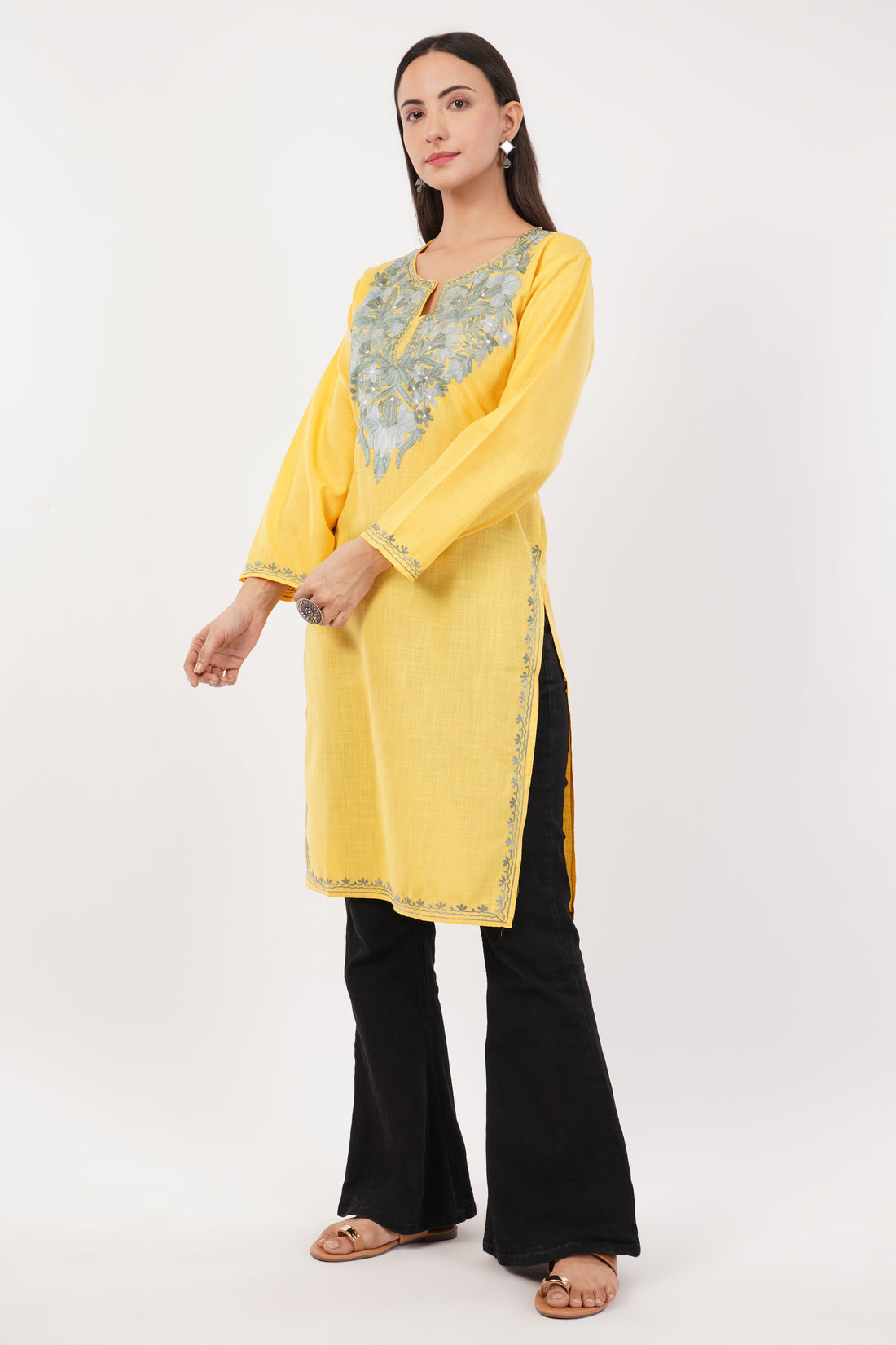 Kashmiri Aari embroidery Cotton Long Kurti Size-36 (Yellow)