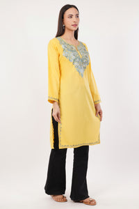 Kashmiri Aari embroidery Cotton Long Kurti Size-36 (Yellow)