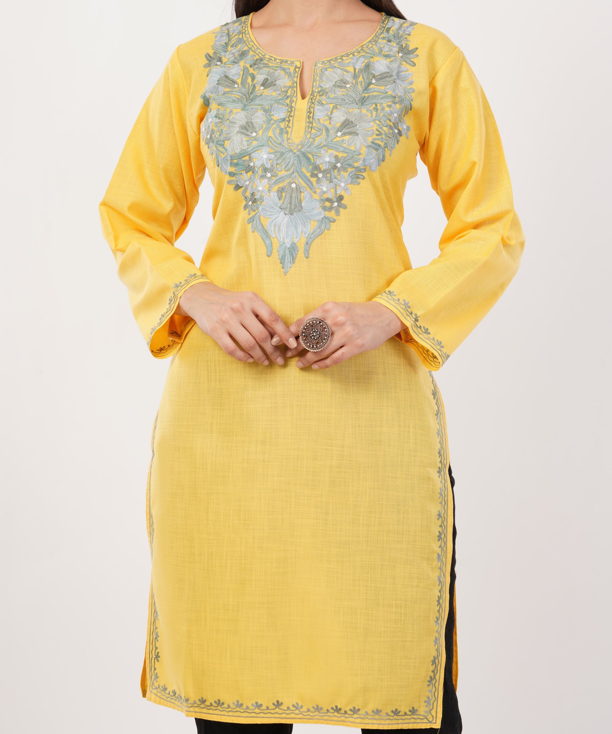 Kashmiri Aari embroidery Cotton Long Kurti Size-36 (Yellow)
