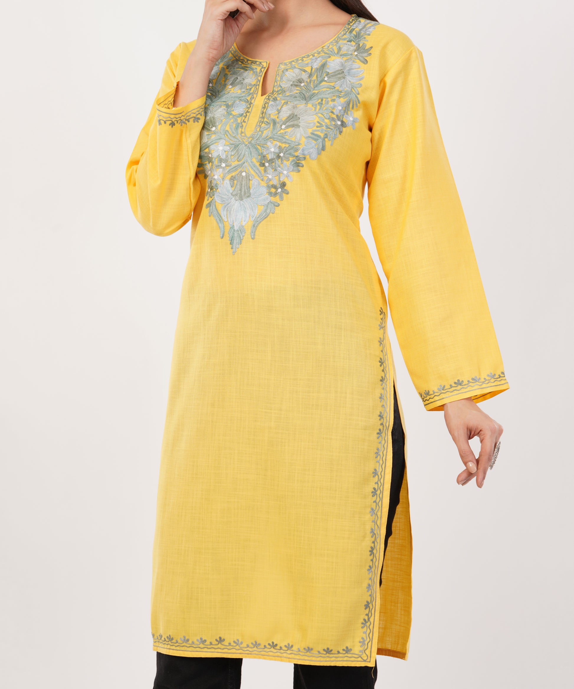Kashmiri Aari embroidery Cotton Long Kurti Size-36 (Yellow)