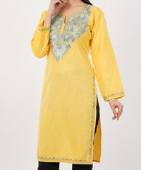Kashmiri Aari embroidery Cotton Long Kurti Size-36 (Yellow)