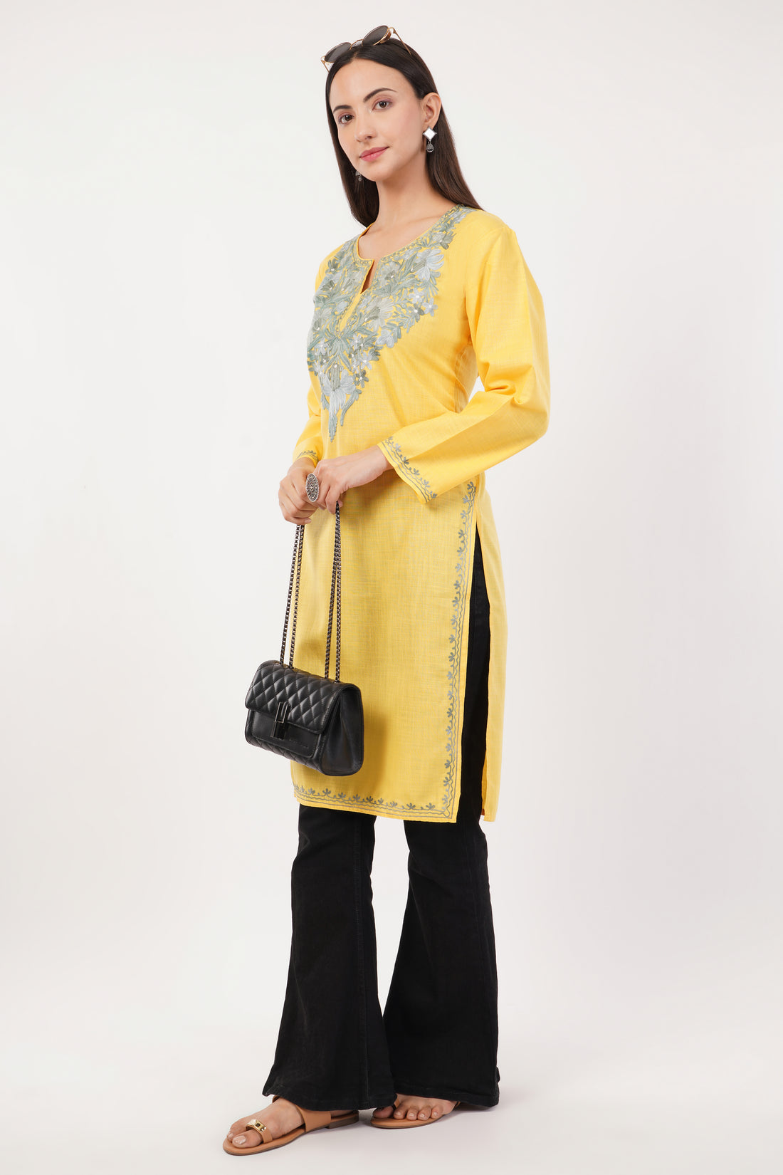 Kashmiri Aari embroidery Cotton Long Kurti Size-36 (Yellow)