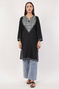 Kashmiri Aari embroidery Cotton Long Kurti Size-36 (Black)