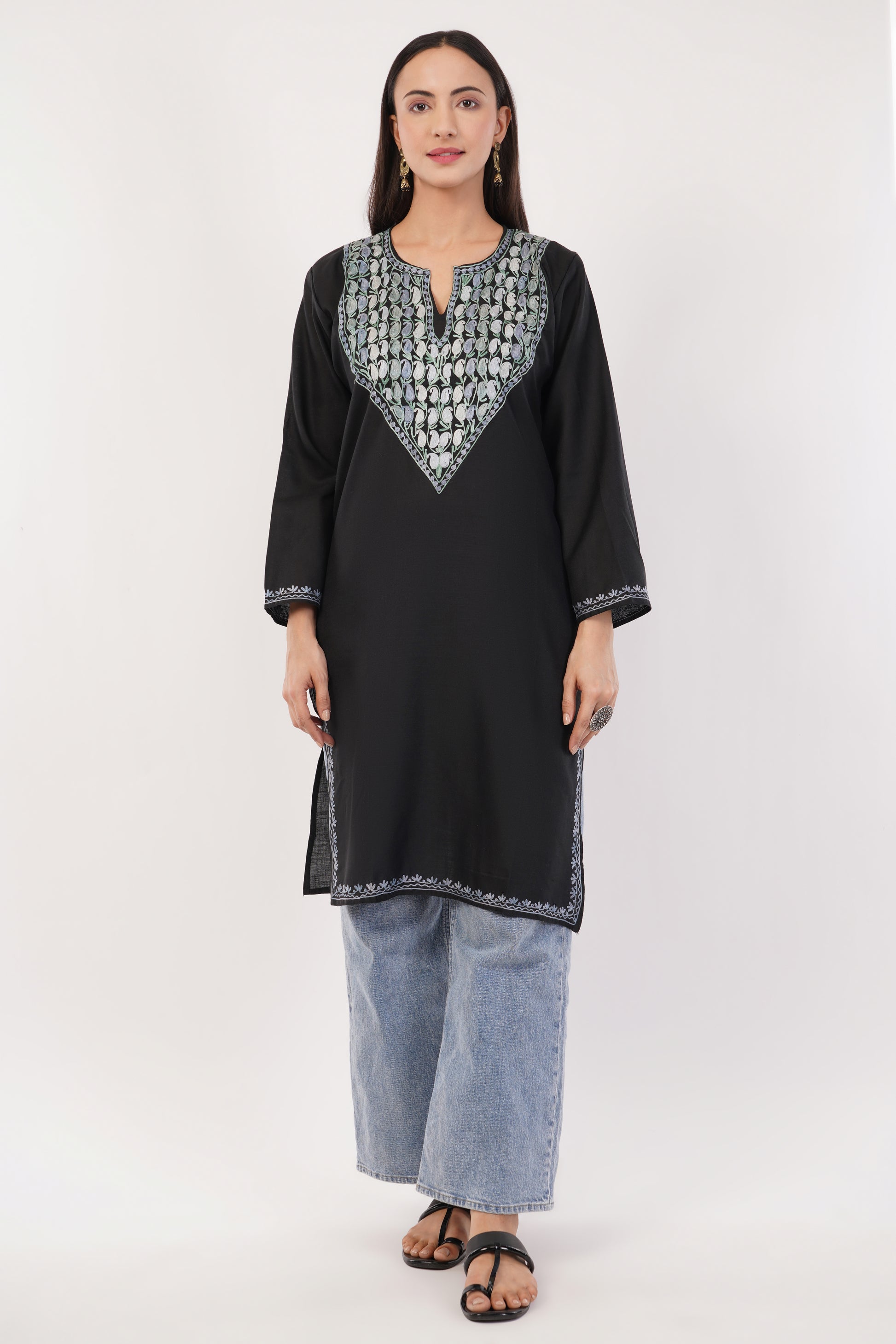 Kashmiri Aari embroidery Cotton Long Kurti Size-36 (Black)