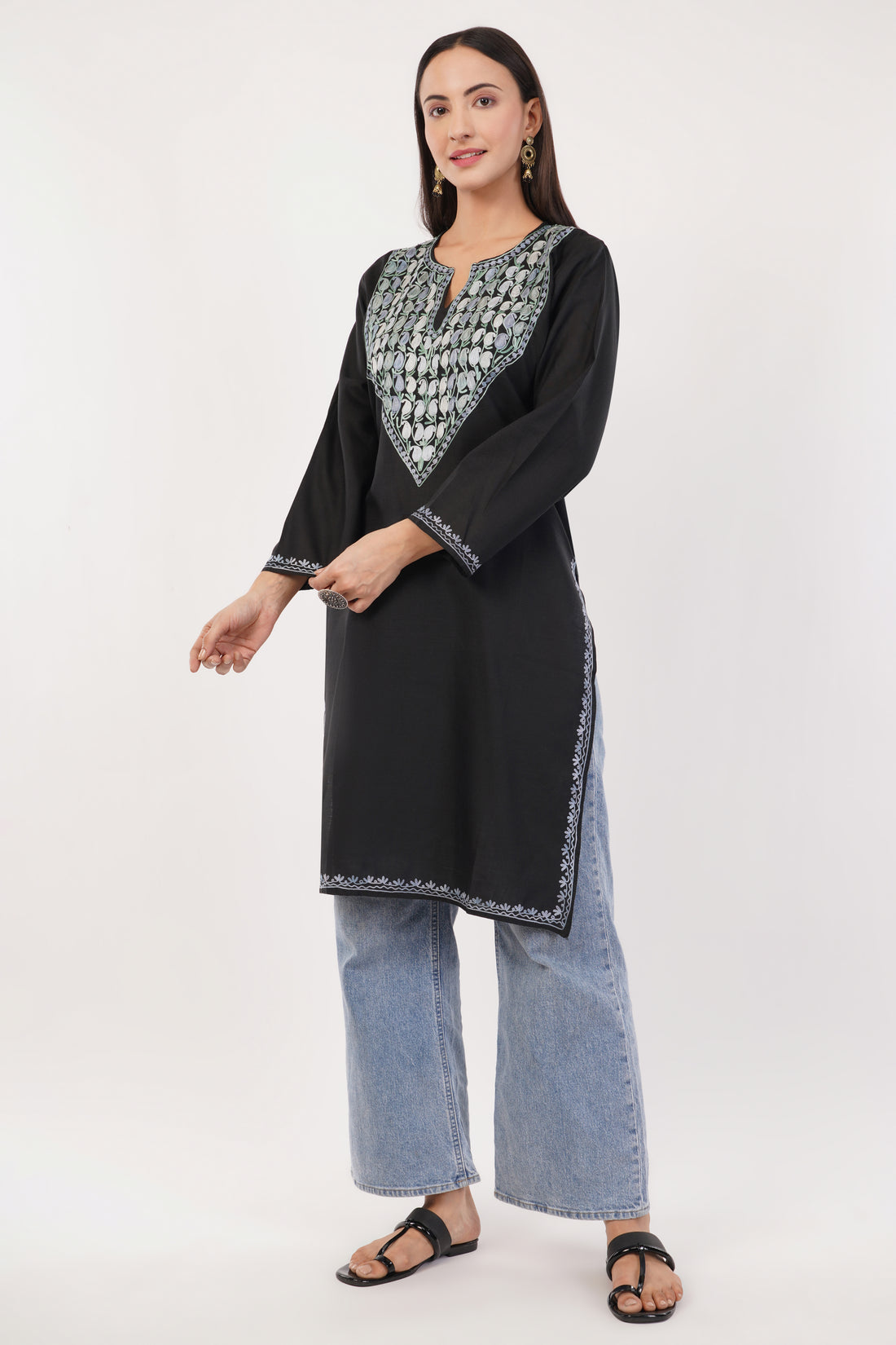 Kashmiri Aari embroidery Cotton Long Kurti Size-36 (Black)