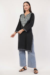 Kashmiri Aari embroidery Cotton Long Kurti Size-36 (Black)