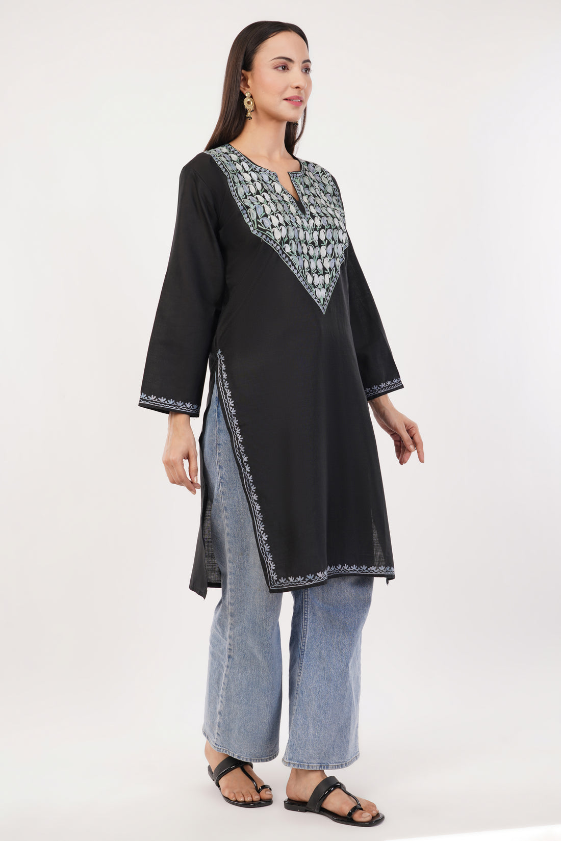 Kashmiri Aari embroidery Cotton Long Kurti Size-36 (Black)