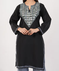 Kashmiri Aari embroidery Cotton Long Kurti Size-36 (Black)