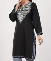 Kashmiri Aari embroidery Cotton Long Kurti Size-36 (Black)