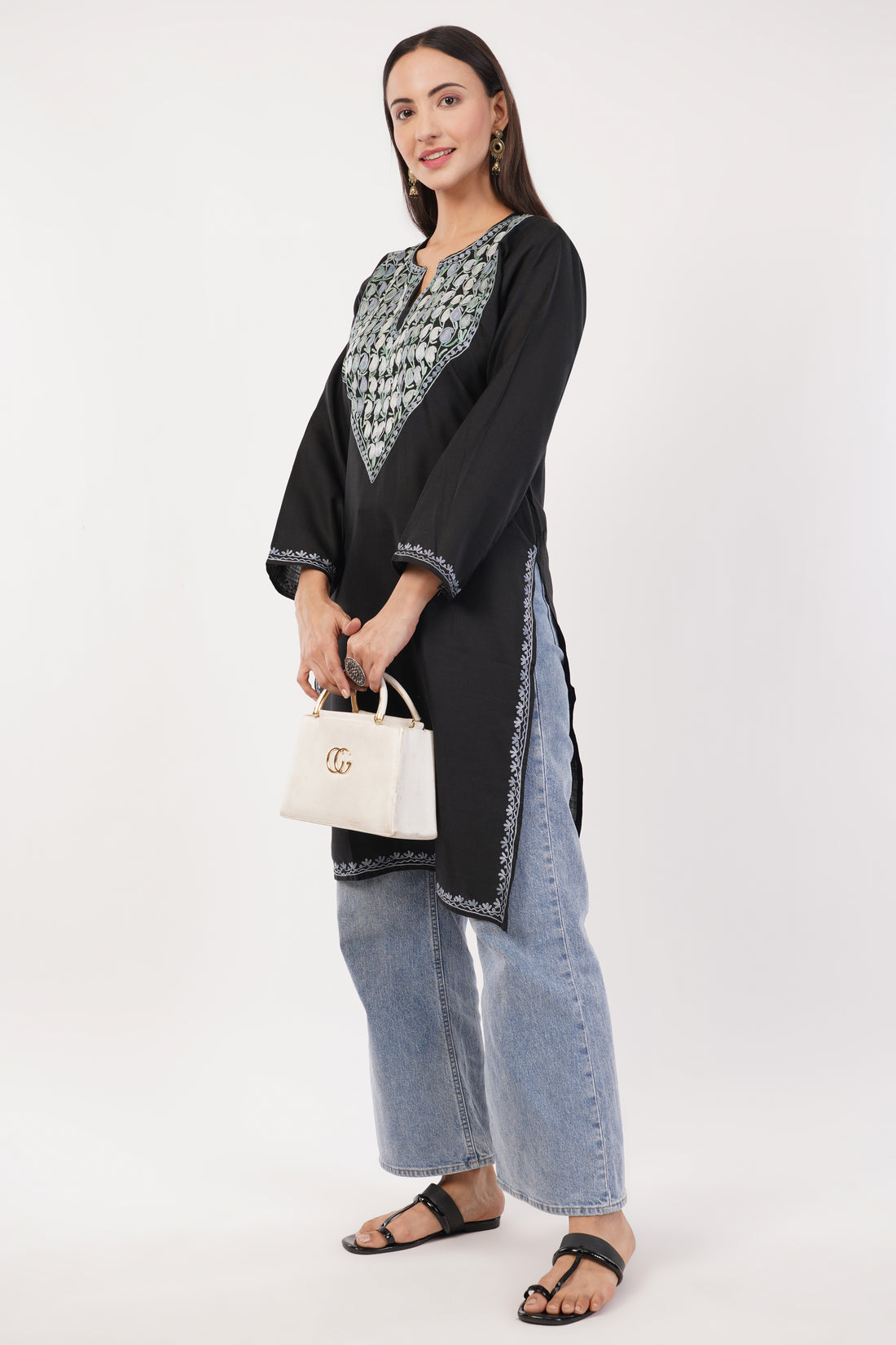 Kashmiri Aari embroidery Cotton Long Kurti Size-36 (Black)