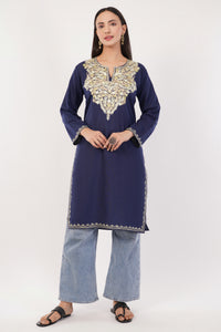 Kashmiri Aari embroidery Cotton Long Kurti Size-36 (Navy Blue)