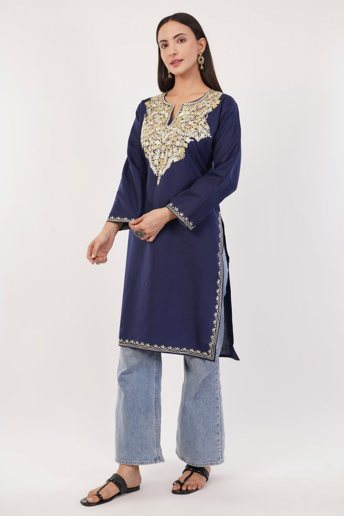 Kashmiri Aari embroidery Cotton Long Kurti Size-36 (Navy Blue)