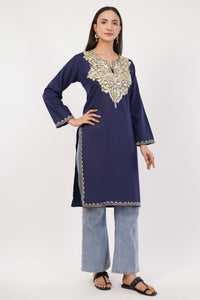Kashmiri Aari embroidery Cotton Long Kurti Size-36 (Navy Blue)