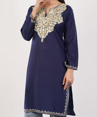 Kashmiri Aari embroidery Cotton Long Kurti Size-36 (Navy Blue)