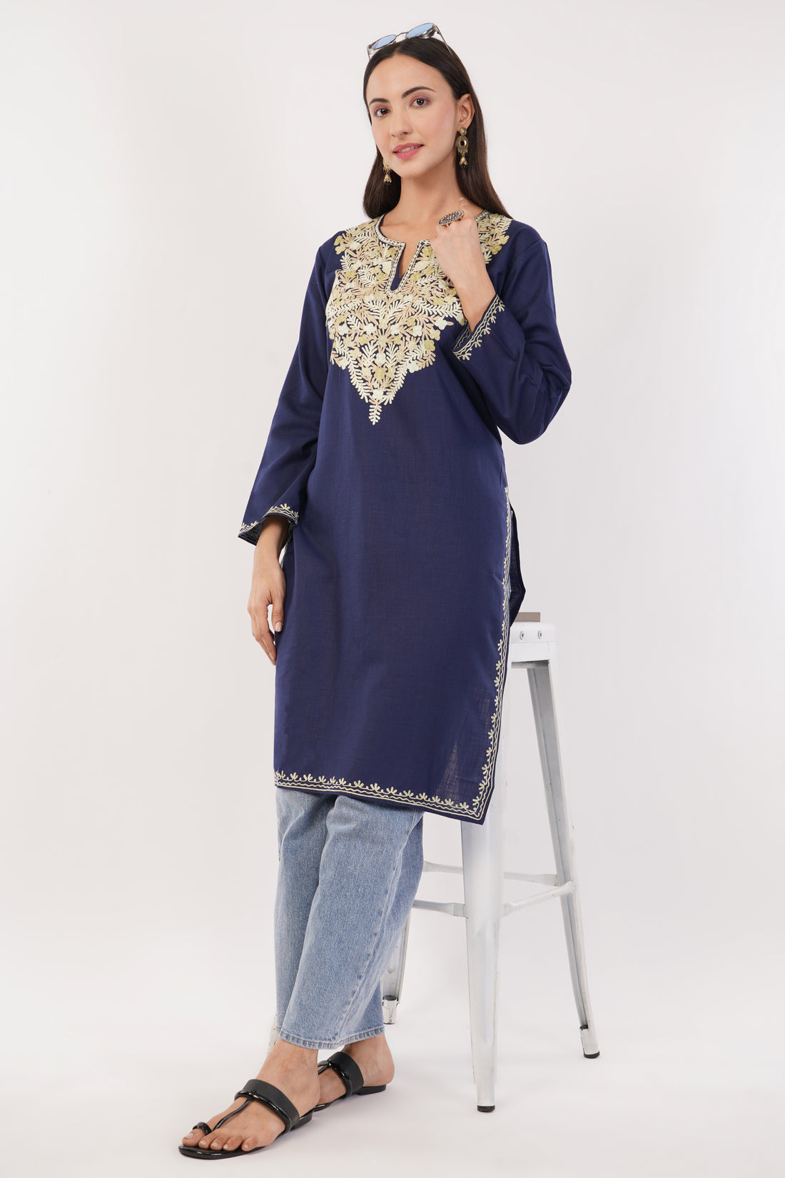 Kashmiri Aari embroidery Cotton Long Kurti Size-36 (Navy Blue)