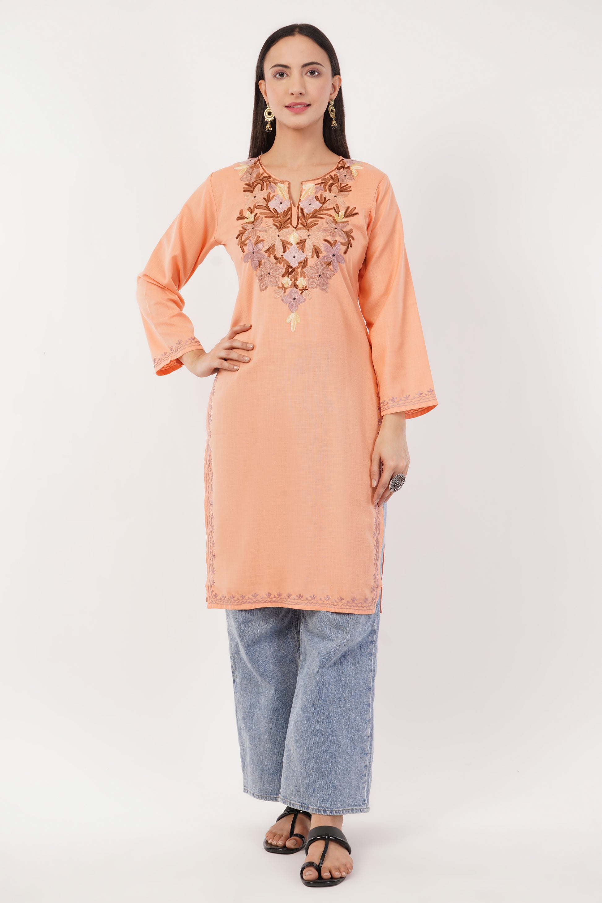Kashmiri Aari embroidery Cotton Long Kurti Size-36 (Peach)