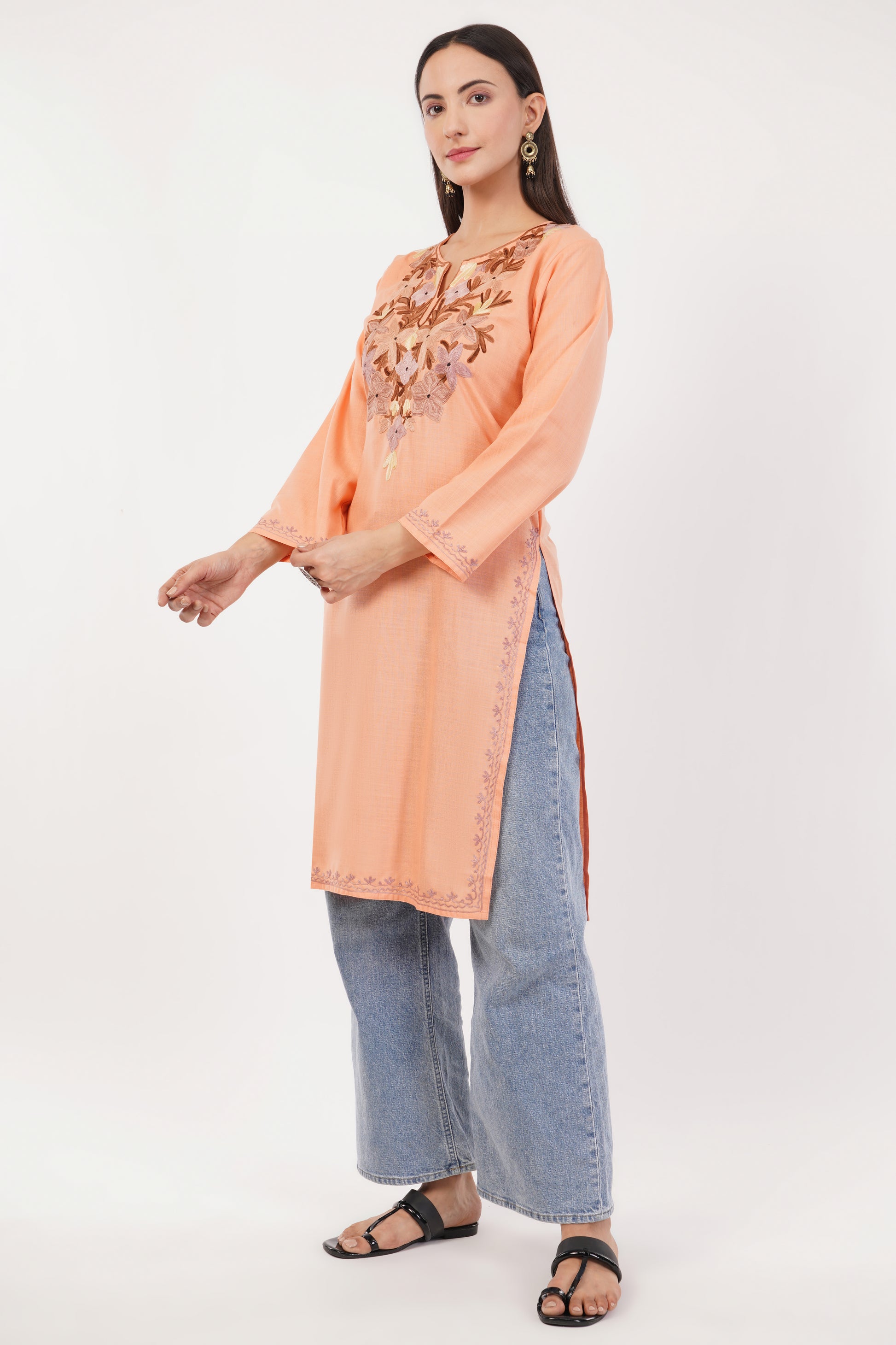 Kashmiri Aari embroidery Cotton Long Kurti Size-36 (Peach)