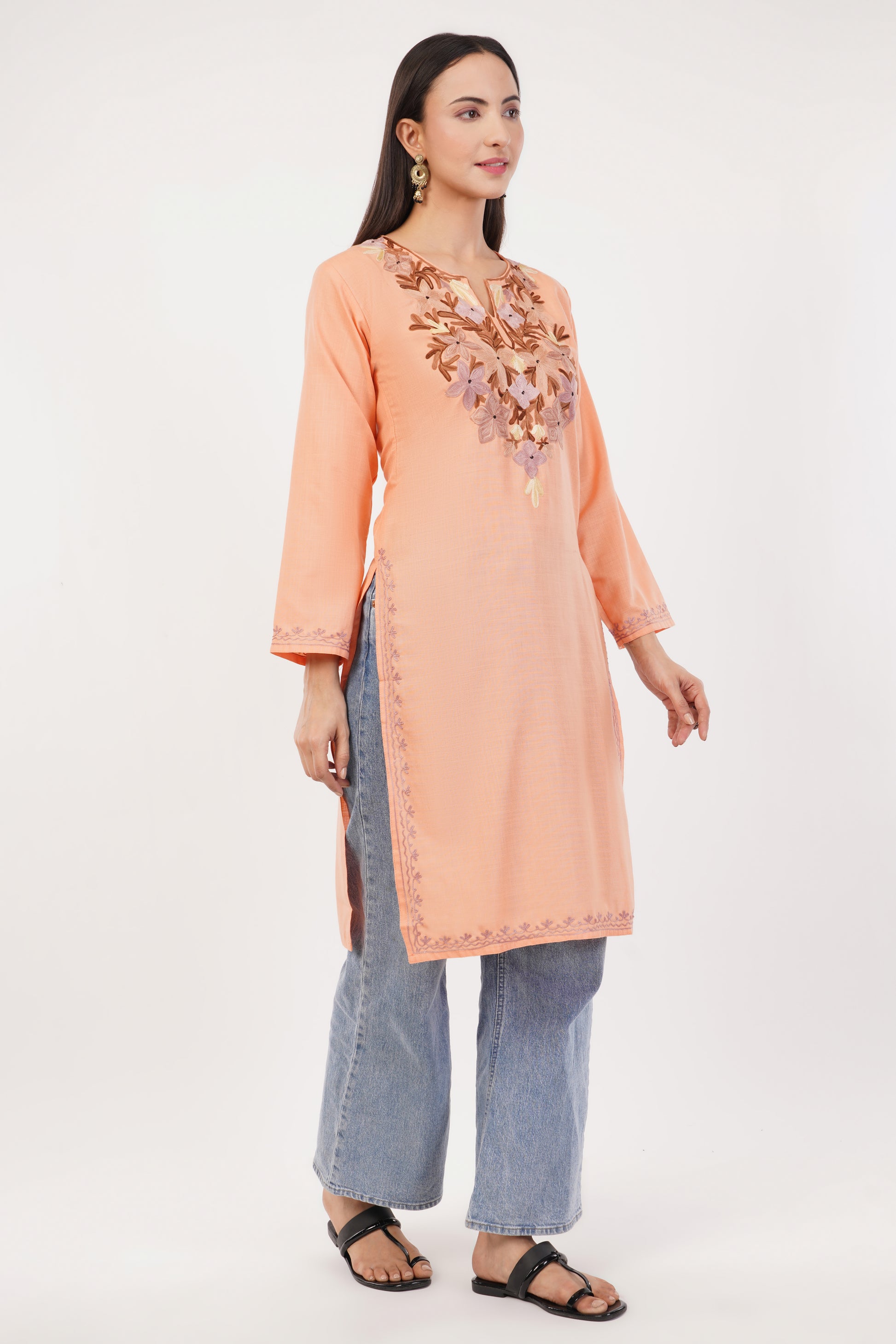 Kashmiri Aari embroidery Cotton Long Kurti Size-36 (Peach)